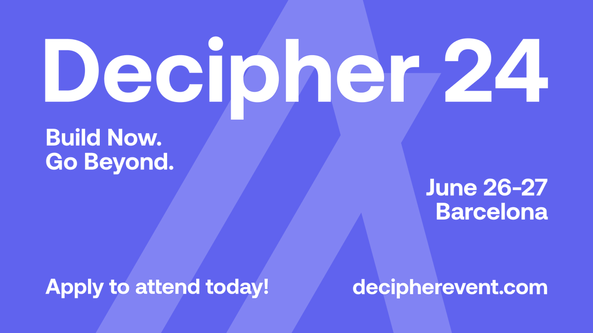 #Decipher2024 is a 2-day retreat for Algorand builders in Barcelona. Participate in workshops, master classes, and network to propel your business forward. Get started on your application 👇 decipherevent.com/?utm_source=tw…