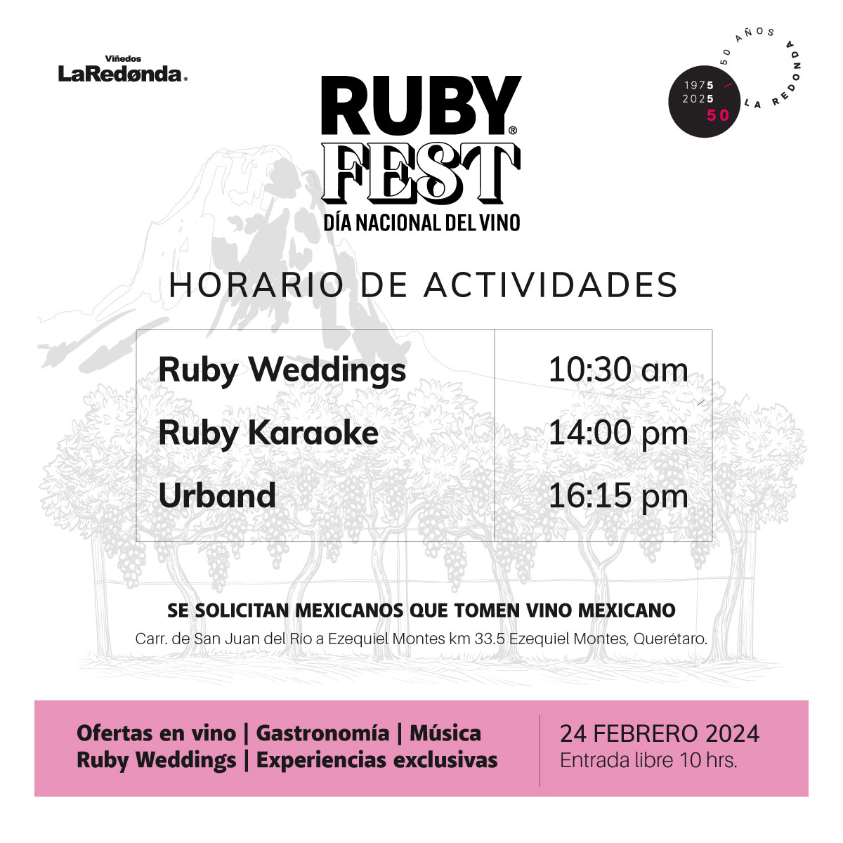 vinoslaredonda's tweet image. ¡No se pierdan de todo lo que tendremos en #RubyFest! Nos vemos el día de mañana para celebrar con nuestro vino favorito. 😉🍷