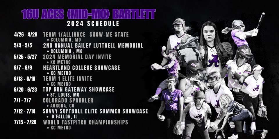 Here’s my team’s spring/summer travel schedule! I can’t wait to get back on the field with my <a href="/AcesFPMidMO/">Aces Fastpitch (Mid-MO)</a> girls!! <a href="/tbartlett76/">Taylor Bartlett</a>