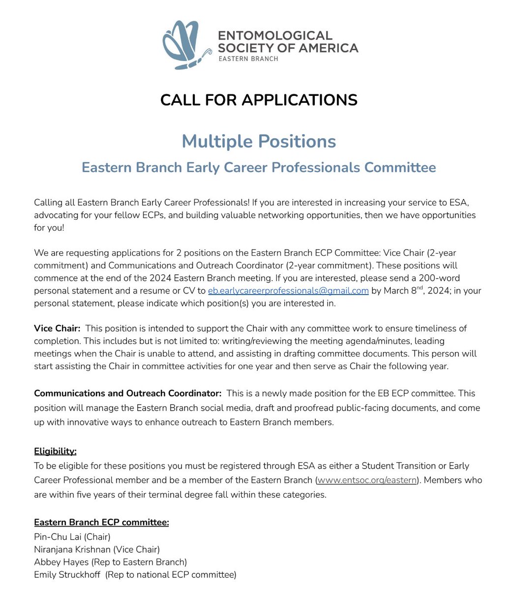 Calling all Eastern Branch Early Career Professionals (ECPs)!

Are you interested in increasing your service to ESA, advocating for your fellow ECPs, and building valuable networks? 

The ECP committee is looking for a new vice chair and communication coordinator. Come join us!