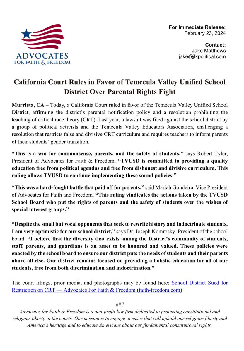 California Court Rules in Favor of Temecula Valley Unified School District Over Parental Rights Fight. #winning