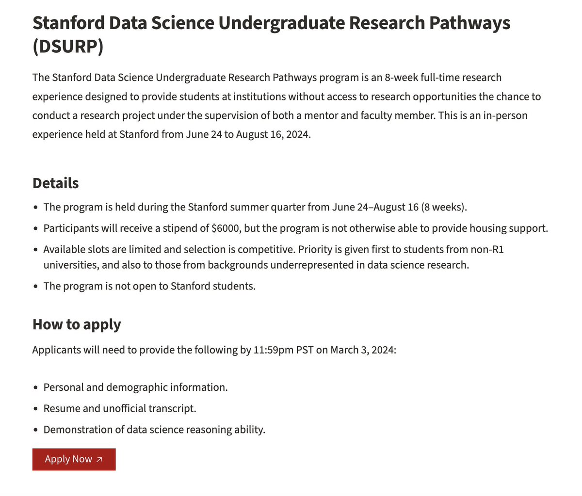 mellymeldubs's tweet image. Students are always asking me about summer research opportunities, so I wanted to share what looks like an ✨amazing✨ data science summer program at Stanford:

- 8 weeks research w/ faculty
- $6000 stipend
- priority to non-R1 &amp;amp; underrepresented students

datascience.stanford.edu/education/educ…