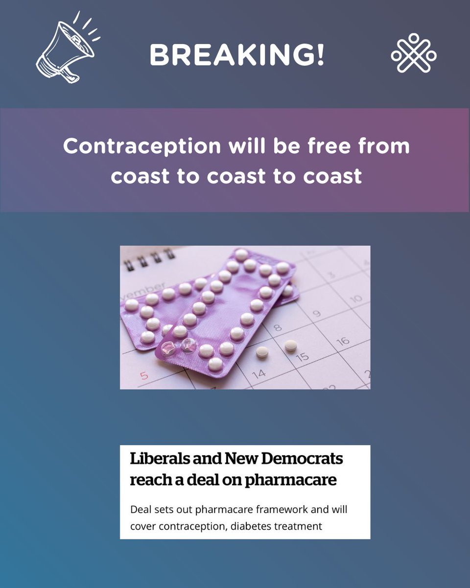 Today's announcement that contraception will now be free in Canada is an extraordinary and historic win for reproductive rights! It means that more people will have the means to decide whether, with whom and when to have children. It means savings for our healthcare system.