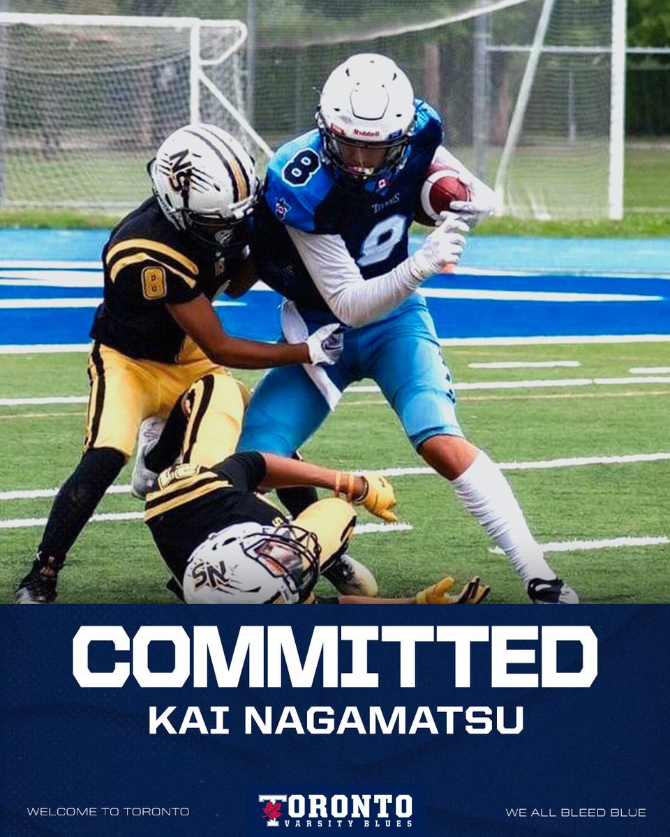 UofTBluesFB's tweet photo. A big Blues welcome to 6-foot-1, 180-pound wide receiver Kai Nagamatsu from the White Rock Titans in BC!  Kai is three-time VMFL champion and was named the league MVP in 2022.
 
Welcome to the family, Kai! 🏈

 📈: https://t.co/v8nGvPQi1D  
#BLEEDBLUE #WeAreTO #BuiltInToronto https://t.co/paNhgDrJTd