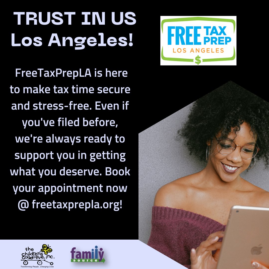FreeTaxPrepLA is here to make tax time secure and stress-free. Even if you've filed before, we're always ready to support you in getting what you deserve. Book your appointment now @ freetaxprepla.org!

Or call 323.789.4717 to make an appointment at TCCI!