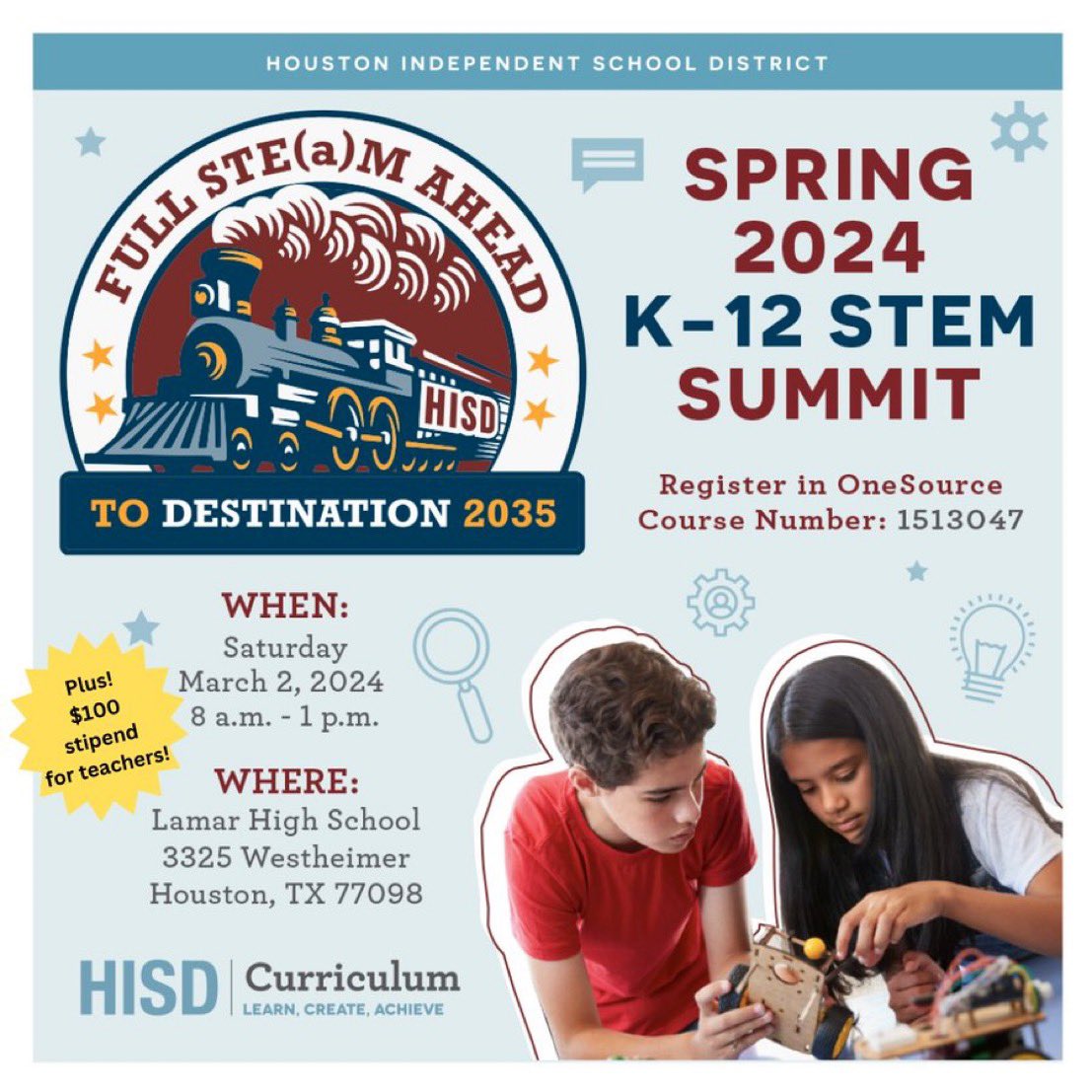 📣Spring 2024 K-12 STEM Summit!!!! Come join us on Saturday, March 2nd at Lamar High School.  Full STE(a)m ahead 🚂to a day of engaging, fun hands-on sessions!!!! <a href="/MathScience_CPD/">K-12 Math and Science PD</a>!