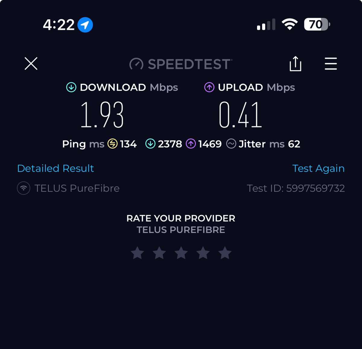 ireton's tweet photo. @TELUSsupport this seems a bit slow.  We're paying for purefibre gigabit service.  Any advice? https://t.co/4RKwo3tPry