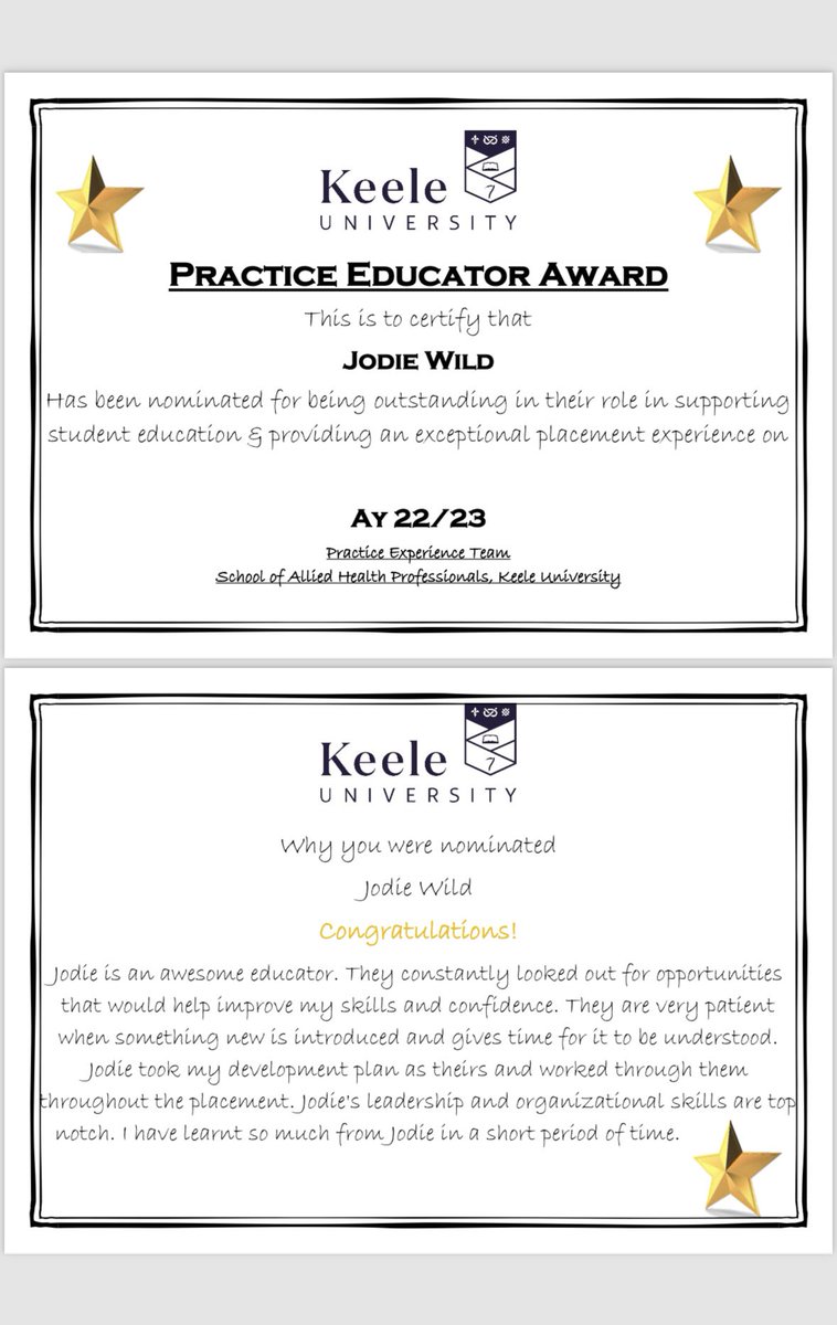 After a tough week, receiving this via email from @KeeleAHP has brought a big smile to my face. 
It was sent a little delayed from AY 22/23 but I’m super proud of it and I hope that I can continue to deliver this placement experience for our future Physiotherapy students 🤍