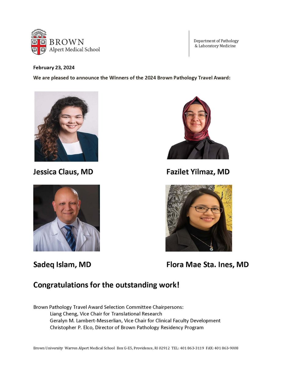 Liang Cheng, MD (@liangchengmd) on Twitter photo A Big Congratulation to our 2024 Brown Pathology Travel Award Winners, Drs. Jessica Claus, Frazilet Yilmaz, Sadeq Islam, and Flora Mae Sta. Ines. We are so proud of you!
<a href="/BrownMedicine/">The Warren Alpert Medical School</a> <a href="/BrownPathRes/">Brown University Pathology Residents & Fellows</a>
<a href="/BrownPathology/">Brown Pathology and Laboratory Medicine</a>
<a href="/BrownUniversity/">Brown University</a>
<a href="/BrownUCancer/">Legorreta Cancer Center at Brown University</a> A Big Congratulation to our 2024 Brown Pathology Travel Award Winners, Drs. Jessica Claus, Frazilet Yilmaz, Sadeq Islam, and Flora Mae Sta. Ines. We are so proud of you!
<a href="/BrownMedicine/">The Warren Alpert Medical School</a> <a href="/BrownPathRes/">Brown University Pathology Residents & Fellows</a>
<a href="/BrownPathology/">Brown Pathology and Laboratory Medicine</a>
<a href="/BrownUniversity/">Brown University</a>
<a href="/BrownUCancer/">Legorreta Cancer Center at Brown University</a>