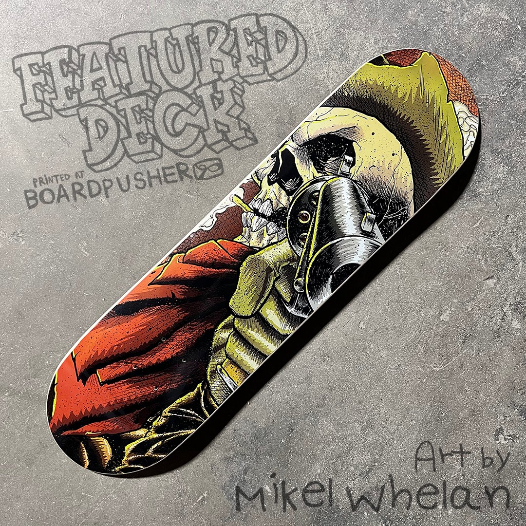BoardPusher's tweet photo. Skull Cowboy is the latest #FeaturedDeck created at https://t.co/eOBSHzJtbR. This custom #skateboard graphic was designed by @m1keyby. https://t.co/48DE8eSJ99