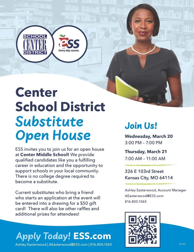 Center School District is looking for Substitute Teachers! This is a great way to support our students and our teachers while making some extra money! We are having an Open House at Center Middle School on March 20th & 21st. See the flyer below for details!