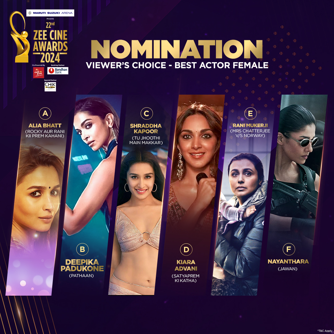 zingtv's tweet photo. Laakhon dilon ki dhadkan hai yeh actresses! ❤️
But who’s your favourite?👀 Vote Now!
Maruti Suzuki Arena presents 22nd Zee Cine Awards 2024, coming soon.
#ZeeCineAwards2024 #ZCA2024 #MarutiSuzukiArenaZCA #ComingSoon #ZCAViewersChoice #Nominations #BestActorFemale #ZeeCinema https://t.co/JHbc5vCLV3