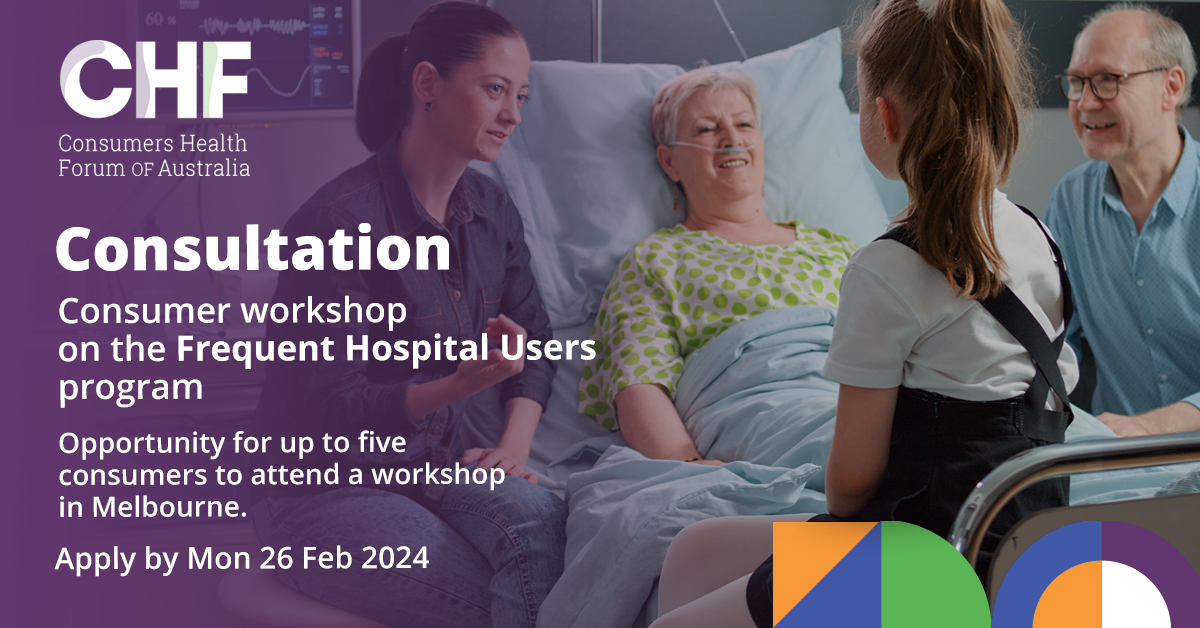 If you, or someone you care for, is a Frequent Hospital User, and you can travel to Melbourne on Thurs 7 March 2024, we'd love to hear from you in this collaborative workshop. #healthconsumers #PatientEngagement #PatientExperience For more ow.ly/U3G250QFswu