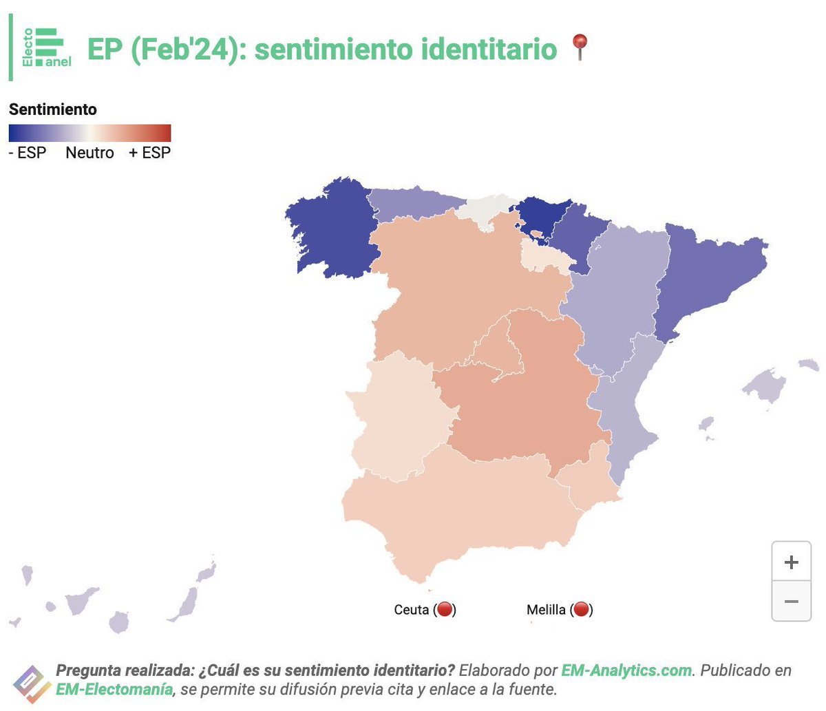 La mayoría nacional en colorao y les minoríes nacionales n'azul. Ye urxente esaniciar el nacionalismu español, tan nocivu pa la convivencia d'esta nación de naciones (o estáu plurinacional si vos presta más).
