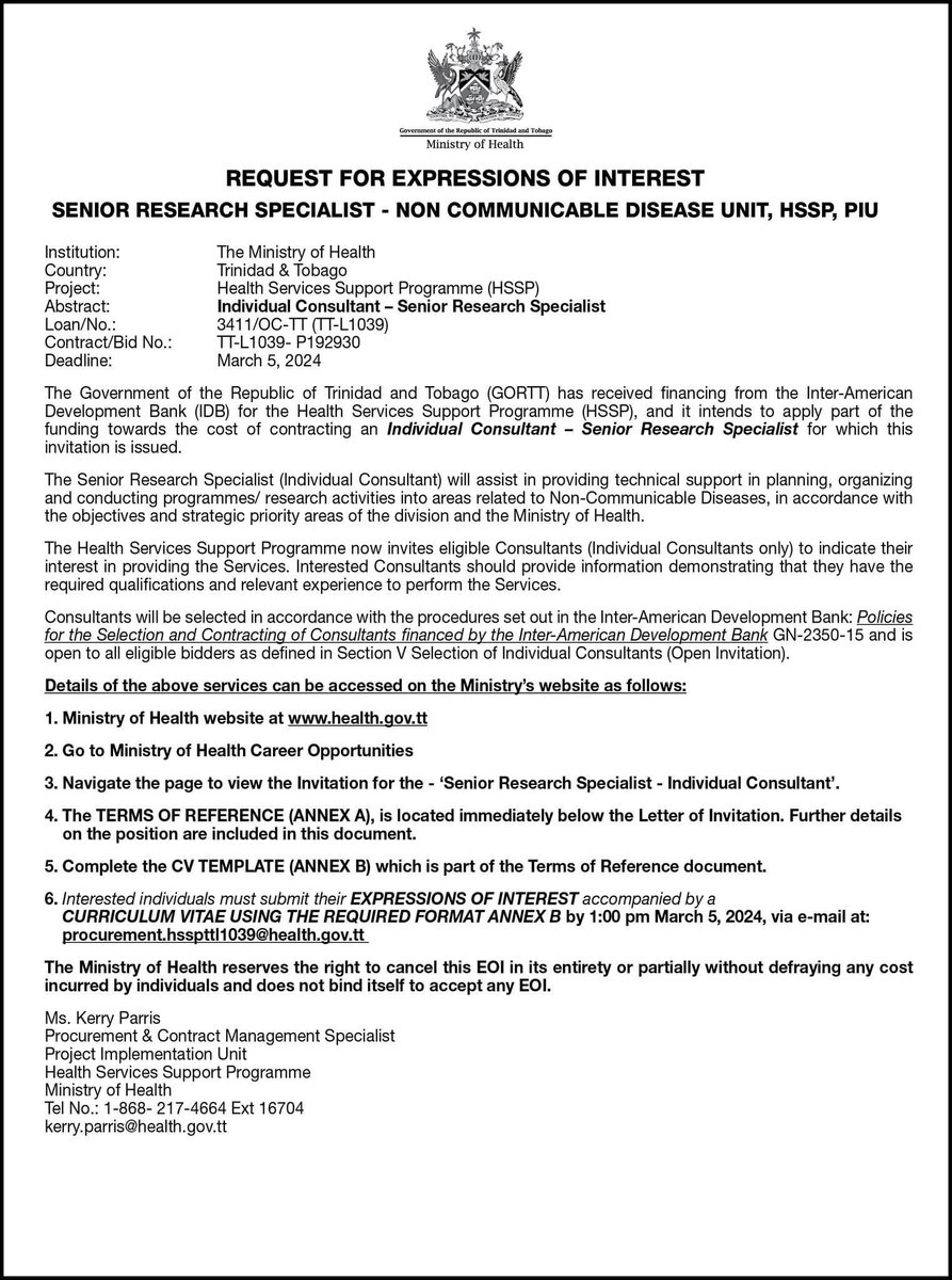 LabourGovTT's tweet photo. #APPLYNOW Applications are invited by suitably qualified persons for the following positions within @MOH_TT
For more information, click: https://t.co/rcKFeDECi0
#LabourGovTT #DecentWorkTT #IndustrialPeaceTT #OpportunityForAllTT #TrinidadandTobago🇹🇹 https://t.co/Sh3Mpgdz80