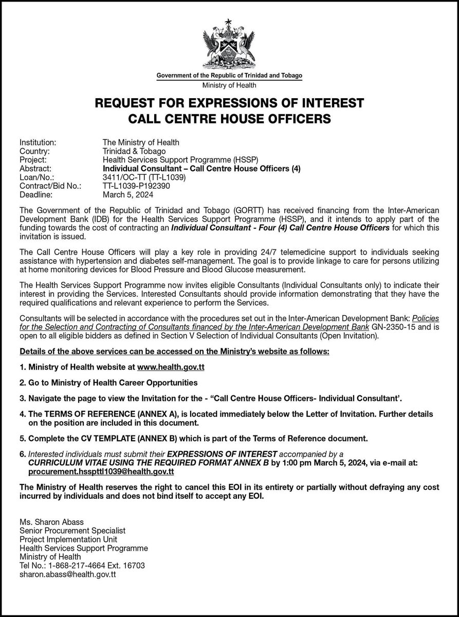 LabourGovTT's tweet photo. #APPLYNOW Applications are invited by suitably qualified persons for the following positions within @MOH_TT
For more information, click: https://t.co/rcKFeDECi0
#LabourGovTT #DecentWorkTT #IndustrialPeaceTT #OpportunityForAllTT #TrinidadandTobago🇹🇹 https://t.co/Sh3Mpgdz80