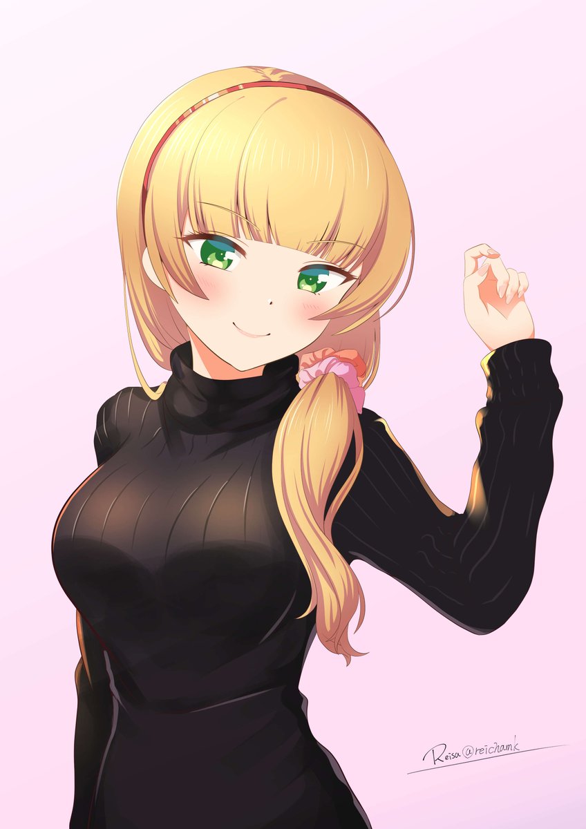 heanna sumire 1girl solo blonde hair green eyes sweater scrunchie black sweater  illustration images