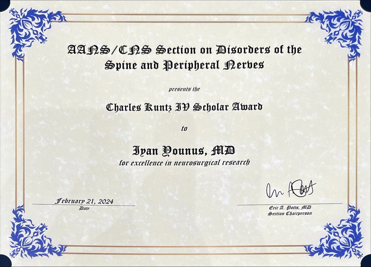 Honor to present <a href="/spinesection/">AANS/CNS Spine Section</a> and win two Kuntz Scholar awards for the @VUMC_Spine_Lab <a href="/VUMC_Neurosurg/">VUMC Neurosurgery</a> Team effort <a href="/HaniChanbour/">Hani Chanbour MD</a> <a href="/ScottZuck/">Scott Zuckerman, MD, MPH</a>