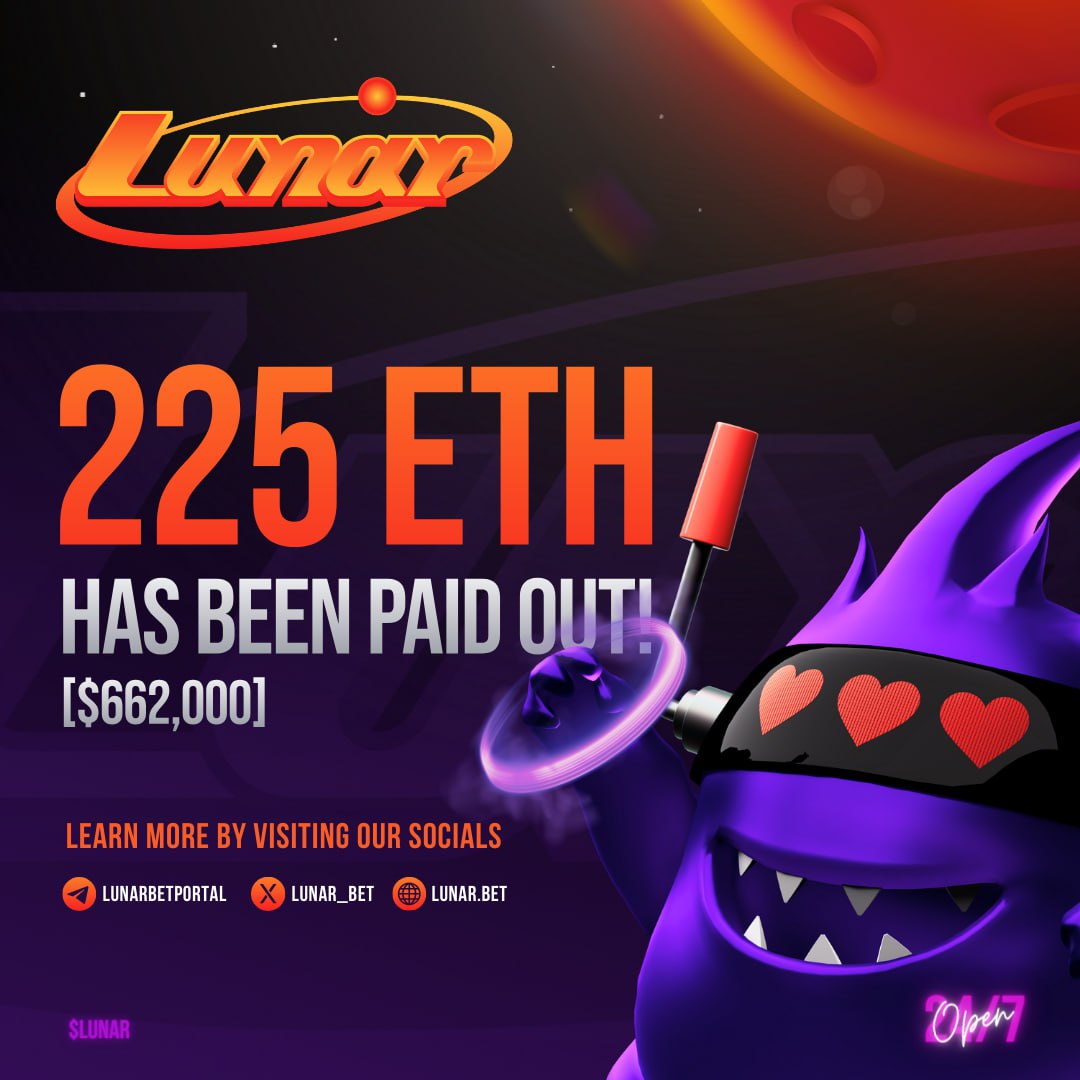 The $LUNAR Jackpot Bot has successfully paid out 225 ETH to lucky buyers! 
The rules for participation are simple: ensure you purchase a minimum of $100 worth of $LUNAR to qualify for a chance to win.

Come and see the Jackpot Bot in action: t.me/LunarBetPortal

🌕