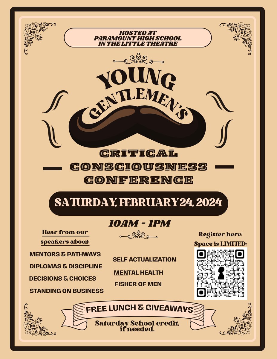 🎩 Calling all young gents at West Campus! Don't miss the Young Gentlemen's Critical Consciousness Conference in the Little Theatre tomorrow, Feb 24th, at Senior Campus. Sharpen your minds &amp; futures from 10am-1pm. Free lunch &amp; giveaways! Register ASAP - spaces are limited! 🏴‍☠️