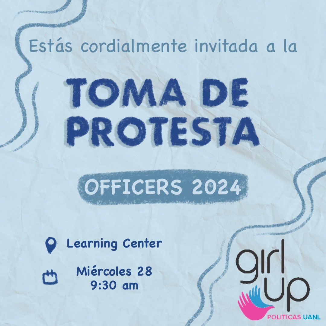 GirlUpPoliticas's tweet photo. ¡Te invitamos a la toma de protesta de nuestras nuevas officers!💐

📍Learning center de Facpyri 
🗓️Miércoles 28 de febrero
🕢 9:30 am https://t.co/DoVCcUcdn6