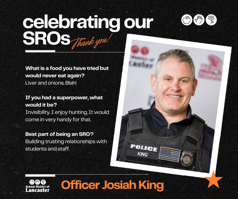 Get to know #SDoLPA SRO Officer King! Thanks to all our SROs for serving as mentors, coaches, and law enforcement officers to keep our students, staff, and community safe.