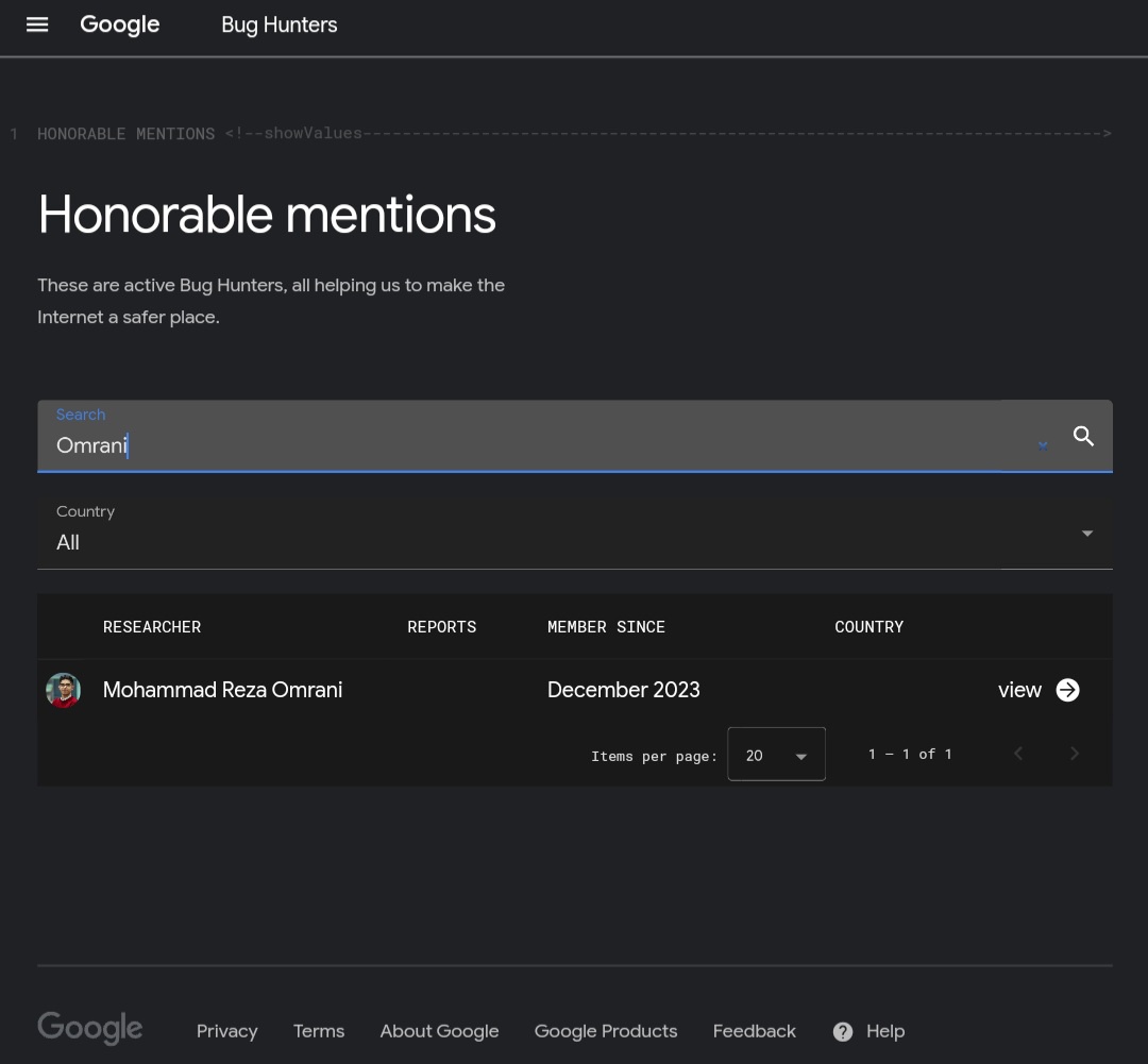 Mohammard Reza Omrani (@omranisecurity) on Twitter photo I'm pleased to announce that my name has been included in Google's Honorable Mentions list.
<a href="/GoogleVRP/">Google VRP (Google Bug Hunters)</a> I'm pleased to announce that my name has been included in Google's Honorable Mentions list.
<a href="/GoogleVRP/">Google VRP (Google Bug Hunters)</a>