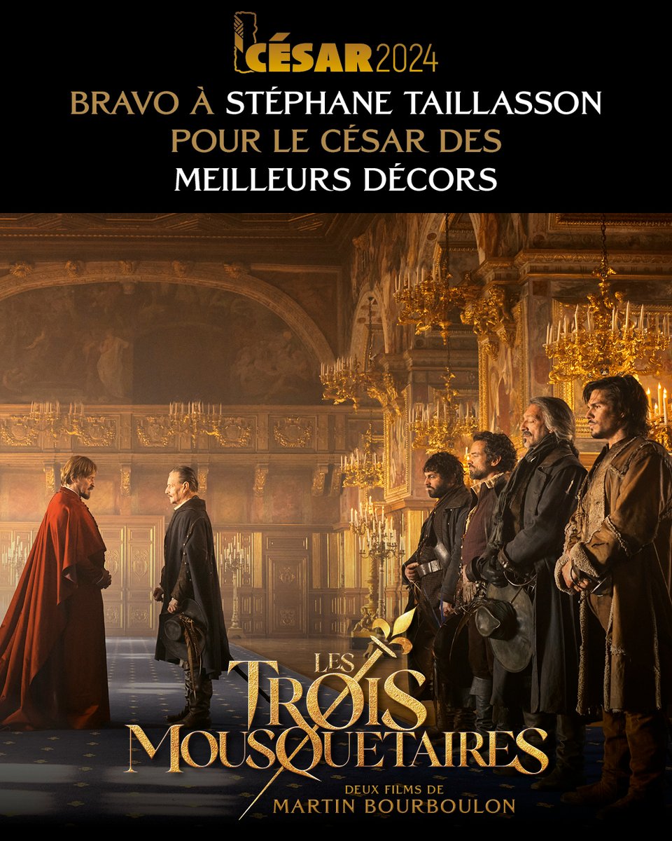 ⚔️ #LesTroisMousquetaires (Partie 1 : #DArtagnan / Partie 2 : #Milady) de @MBourboulon remportent le #César2024 des #MeilleursDécors : un grand bravo à #StéphaneTaillasson ! 📷
Ecrits par #MatthieuDelaporte et #AlexandreDeLaPatellière, produits par @Dimitri_Rassam et @PatheFilms.