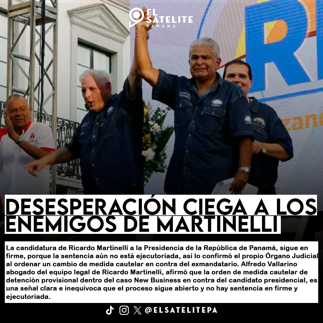 elsatelitepa's tweet photo. 🇵🇦 | DESESPERACION CIEGA A LOS ENEMIGOS DE MARTINELLI

La candidatura de Ricardo Martinelli a la Presidencia de la República de Panamá, sigue en firme, porque la sentencia aún no está ejecutoriada, así lo confirmó el propio Órgano Judicial. https://t.co/OOYibm3e5V