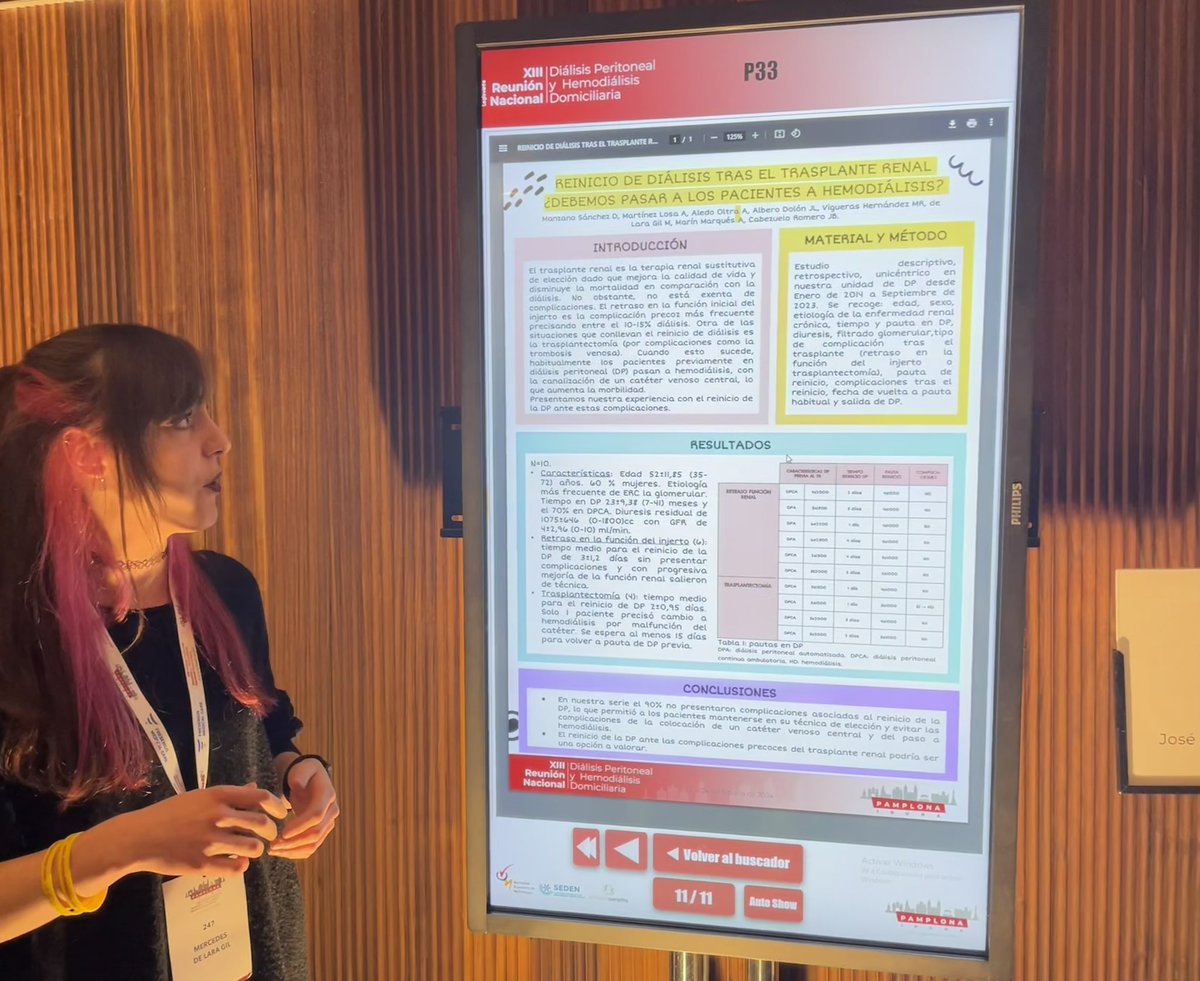 SOMUNEorg's tweet photo. @MercedesShadows nuestra R2 de la Arrixaca presentando su póster en #DPHDD24. 

¿Podemos reiniciar la #DialisisPeritoneal ante un retraso en la función del injerto renal? Y si se hace una #trasplantectomia? 

Os contamos nuestros datos.

@SENefrologia https://t.co/fSULarUFCt