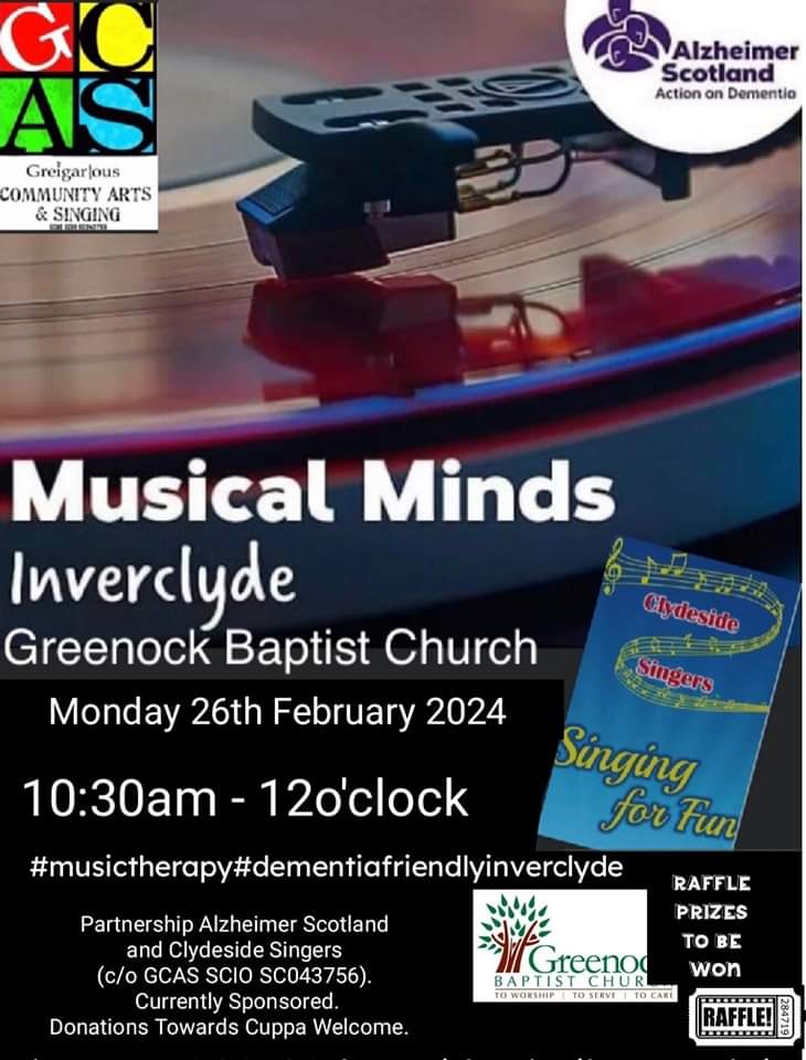 GCAS_Inverclyde's tweet photo. #MusicalMindsInverclyde #MMI returns this coming Monday on 26th February in @GreenockBaptistChurch. In partnership with Alzheimer Scotland - Inverclyde. Please pm for more details.  #musictherapy  whilst #singingforfun #dementiafriendlyinverclyde singing group #InverclydeCares https://t.co/GKXrhPdrbj
