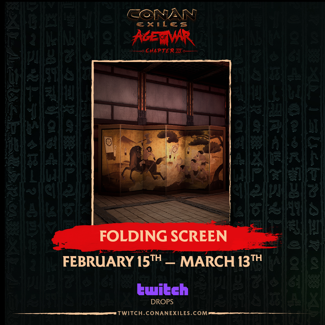 ConanExiles's tweet photo. ICYMI, watching your favorite Conan Exiles creators on @twitch gets progress on the Folding Screen drop for your base! Few ways crush those Friday doldrums better. https://t.co/n2yMrZ3seK