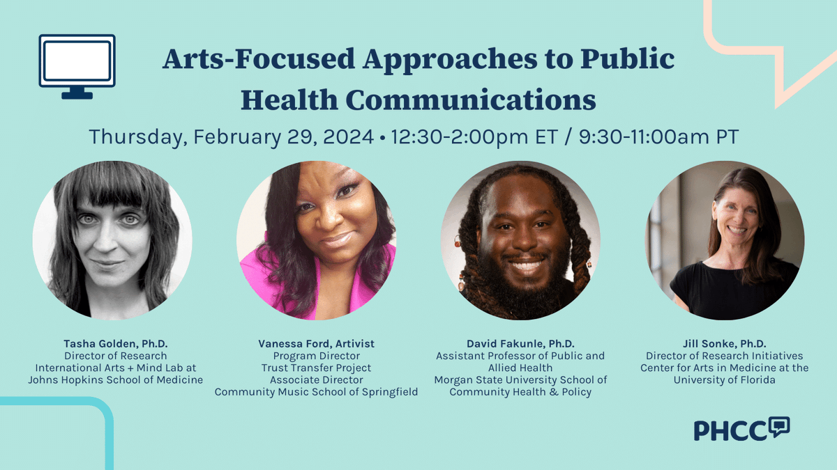 Art can break down complex topics + bring #PublicHealth issues to life. Join @PH_Comms for their art-focused #webinar ft. Dr. Jill Sonke @UFCAM, Vanessa Ford @CMSSpringfield, @goldenthis of artsandmindlab, and Dr. David Olawuyi Fakunle @MorganStateU ow.ly/53i950QGuz2