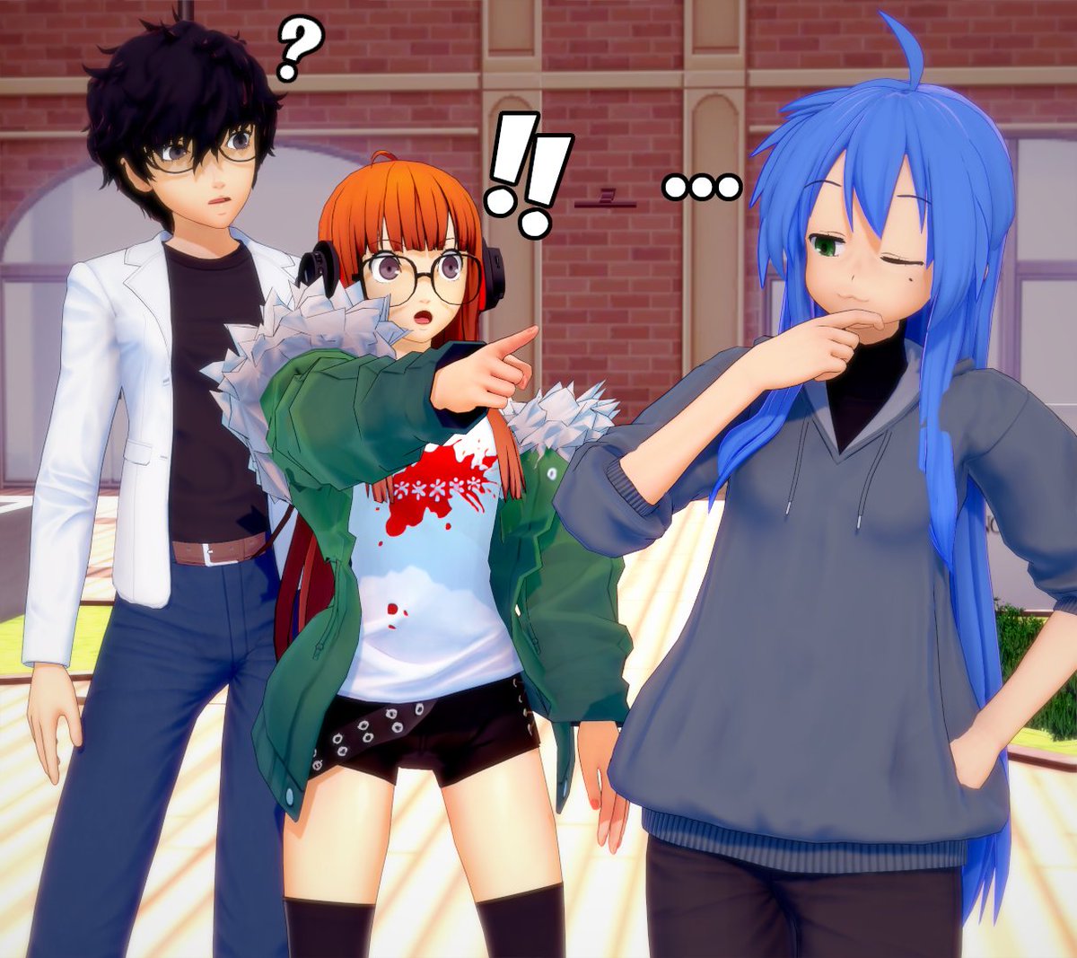 DeltaLowercase's tweet photo. For Day 6 of #ShuTabaWeek2024, I chose Crossover! Futaba invites Ren to meet up with someone she played with online, and... doesn't she look familiar?
#Koikatsu #ShuTaba #ShuTabaWeek #Persona5 #FutabaSakura #LuckyStar #KonataIzumi @ShutabaWeek https://t.co/2LGwRl8uPq