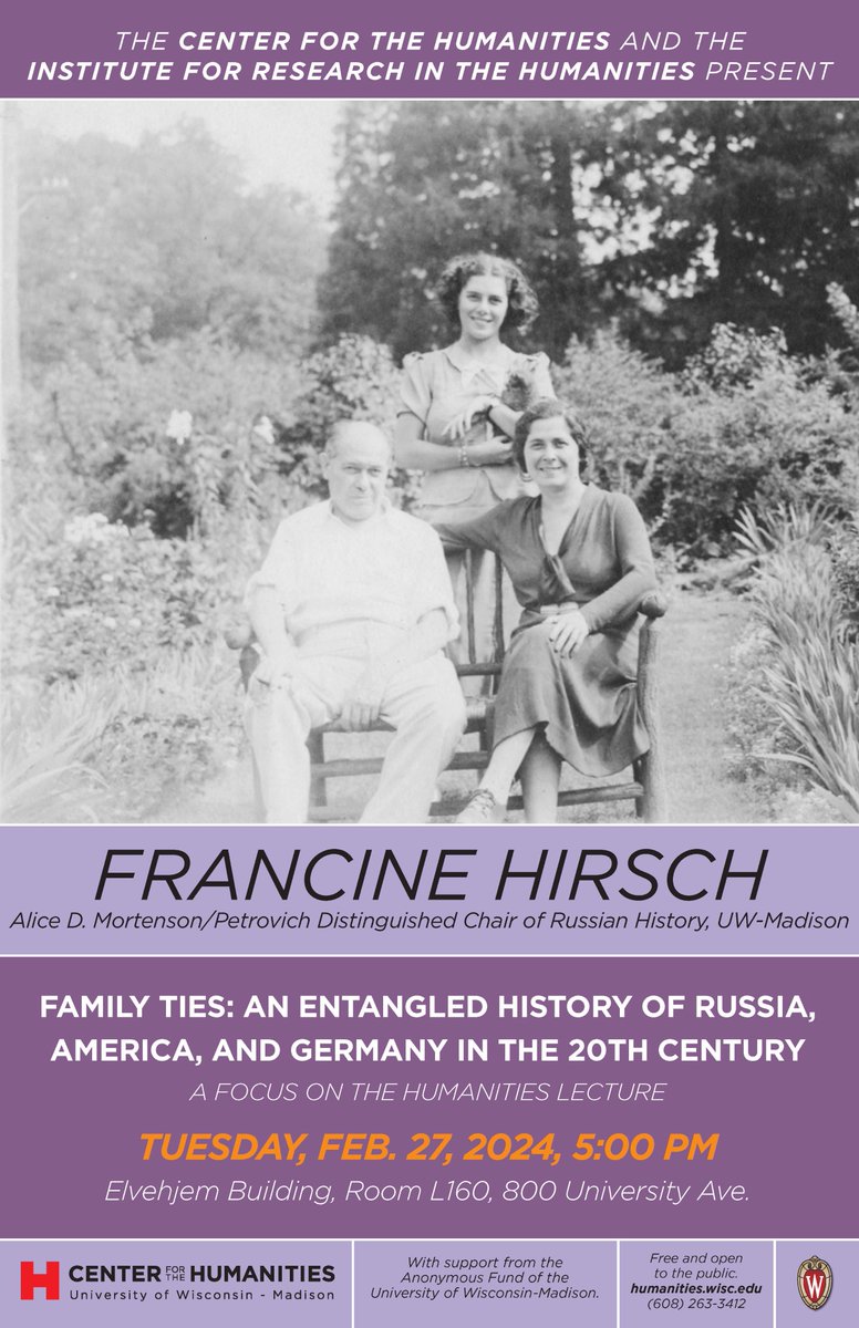 A talk of note: next Tuesday, <a href="/FranHirsch/">Fran Hirsch</a> will be giving her Focus on the Humanities <a href="/UWHumanities/">CenterforHumanities</a> lecture: “Family Ties: An Entangled History of Russia, America, and Germany in the 20th Century.”

2/27 @ 5pm in Elvehjem L160. You won't want to miss this one!