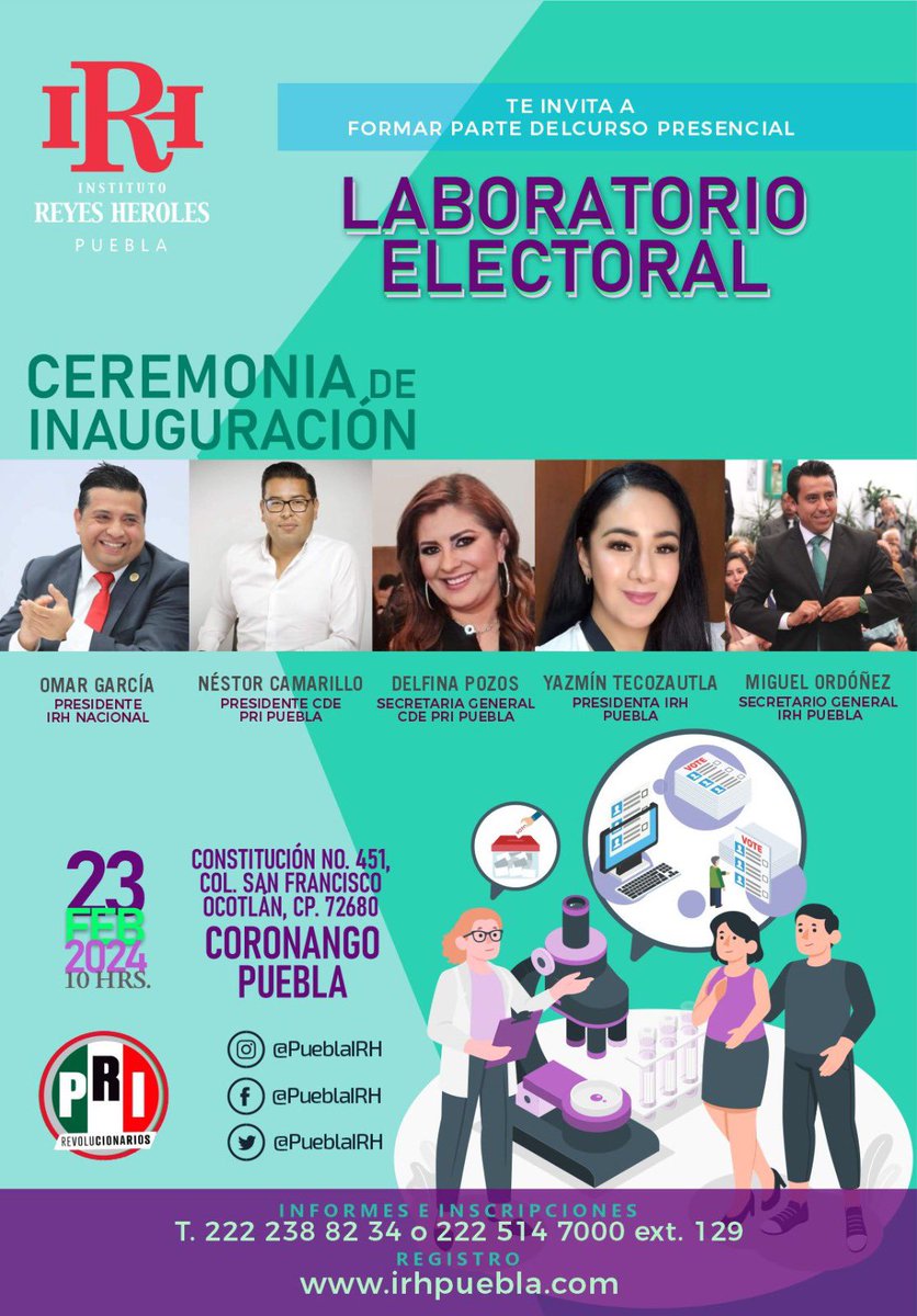 El IRH Filial Puebla te invita a formar parte del próximo Curso: “Laboratorio Electoral”.

🗓️ Viernes 23 de febrero de 2024.
⏰ 10:00 hrs.

Inscríbete: 222 238 8234 / 222 514 700 ext. 129

#SomosReyesHeroles🇲🇽