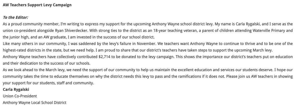 aw4kids's tweet photo. ICYMI: From yesterday's issue of The Mirror Newspaper.

A letter from the AW teacher's union regarding the proposed operating levy.

https://t.co/Lrien7wpvW https://t.co/EopZCwRi6u