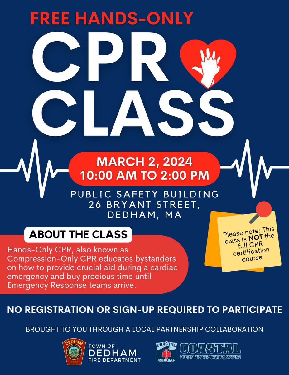 @DedhamFire and Coastal Medical Transportation Systems will be sponsoring 'Hands Only' CPR training on March 2nd. Stop by and learn how to save someone's life...it only takes a few minutes and it's easy! No need to register and all are welcomed.