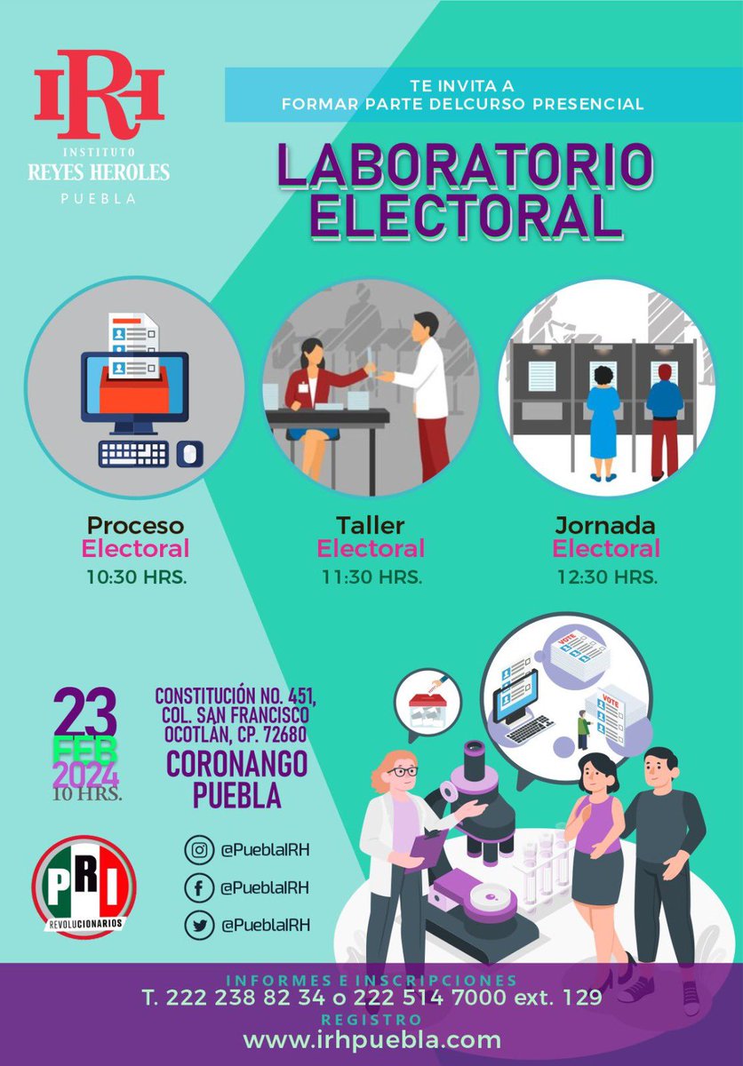 El IRH Filial Puebla te invita a formar parte del próximo Curso: “Laboratorio Electoral”.

🗓️ Viernes 23 de febrero de 2024.
📍Coronango, Puebla. 
⏰ 10:00 hrs.

Inscríbete: 222 238 8234 / 222 514 700 ext. 129

#SomosReyesHeroles🇲🇽