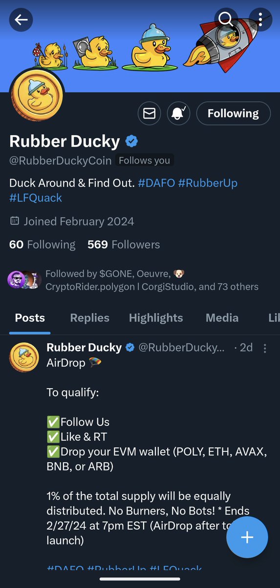 Mom, I made it. <a href="/RubberDuckyCoin/">Rubber Ducky</a> followed me. Let the party start!
Oh yeah, @MEonPolygon did too but did you see Rubber Ducky followed me tho?! #DAFO