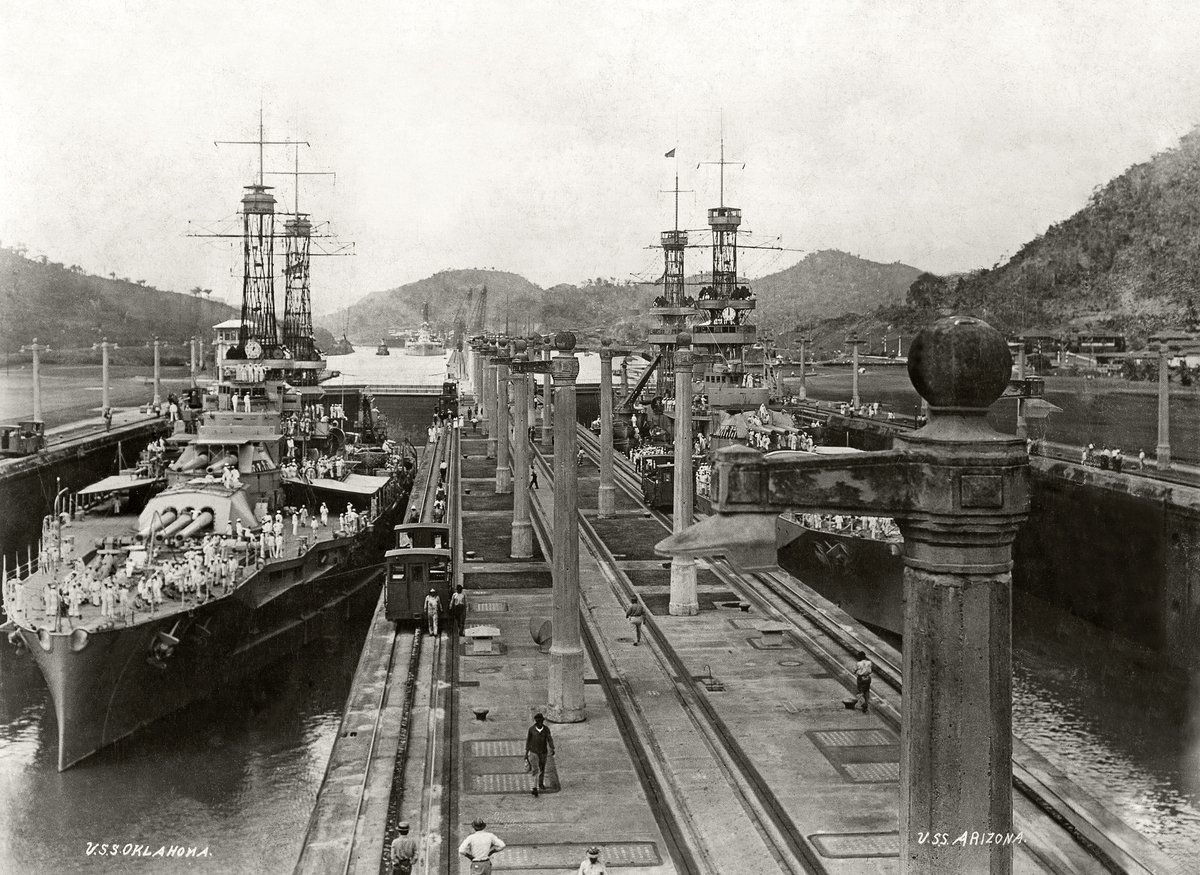 Photo from #ThisDayInHistory 
The USS Oklahoma & the USS Arizona in the Panama Canal – February 23, 1921 

(OHS Photograph Collection) #USSOklahoma #USSArizona #Battleship #Battleships