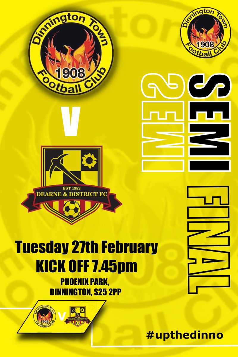 DinnoTownFC's tweet photo. 𝗙𝗟𝗢𝗢𝗗𝗟𝗜𝗧 𝗖𝗨𝗣 𝗦𝗘𝗠𝗜 𝗙𝗜𝗡𝗔𝗟

We have been drawn at home to Dearne and District FC in the semi-final of the Floodlit Cup. The match will be played on Tuesday 27 February, Phoenix Park.

Gates Open: 18.30
Kick Off: 19.45
Adults: £4
Conc.: £2
Postcode: S25 2PP https://t.co/71c9v310hd