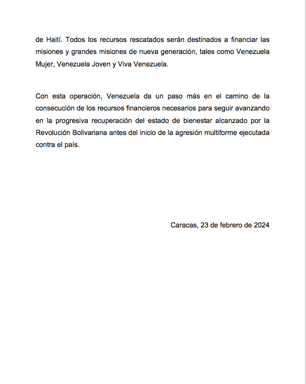 luchaalmada's tweet photo. #ÚltimoMinuto🔴El Gobierno de la República Bolivariana de Venezuela informa con satisfacción la culminación del proceso de recuperación y cobro de una deuda por la cantidad de 500 millones de dólares de los EEUU, derivada del suministro de hidrocarburos a Haití en el marco del Acuerdo de Cooperación Energética Petrocaribe. Lea aquí el comunicado⬇️⬇️

#23Feb 
#VenezuelaDibujaElFuturo