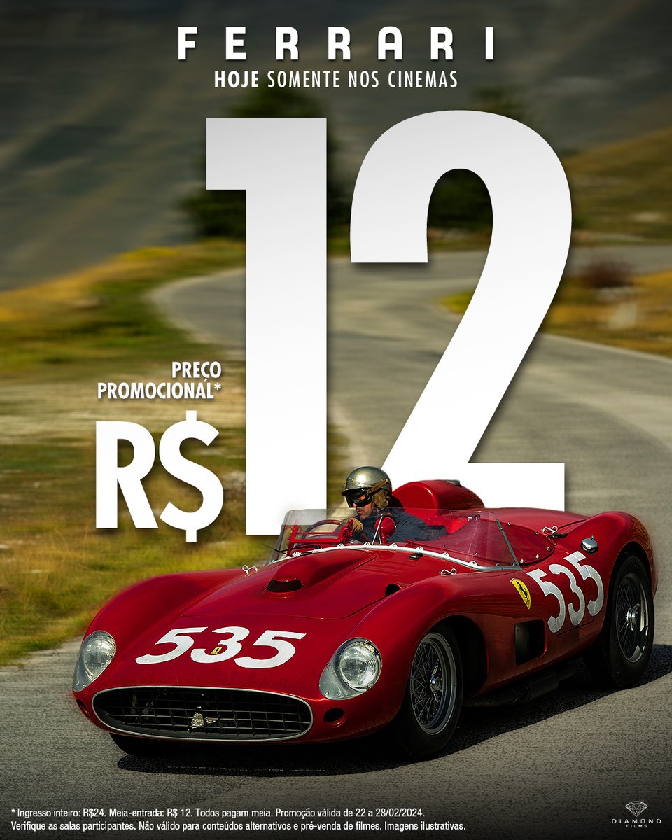 DiamondFilmsBR's tweet photo. A #SemanaDoCinema já começou e você precisa ACELERAR para garantir seu ingresso a R$12,00 para #FerrariOFilme que está HOJE, somente nos cinemas. https://t.co/xvsa93rNIP