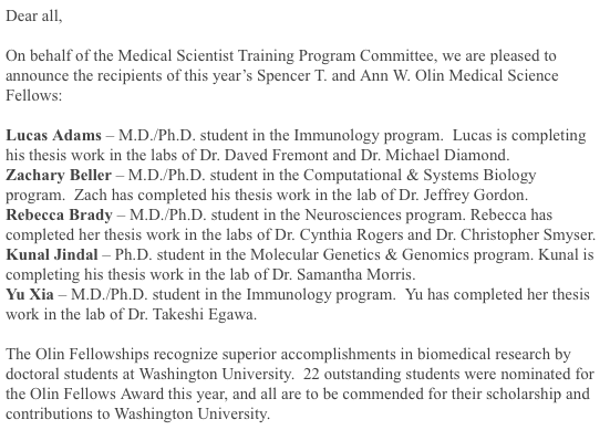 msdiamondlab's tweet photo. Super congrats to @lucas_j_adams for receiving this year’s Spencer T. and Ann W. Olin Medical Science Fellowship based on his excellent work! #WUSM #MSTP #VLDLR #EEEV https://t.co/KzrlHSqjDB