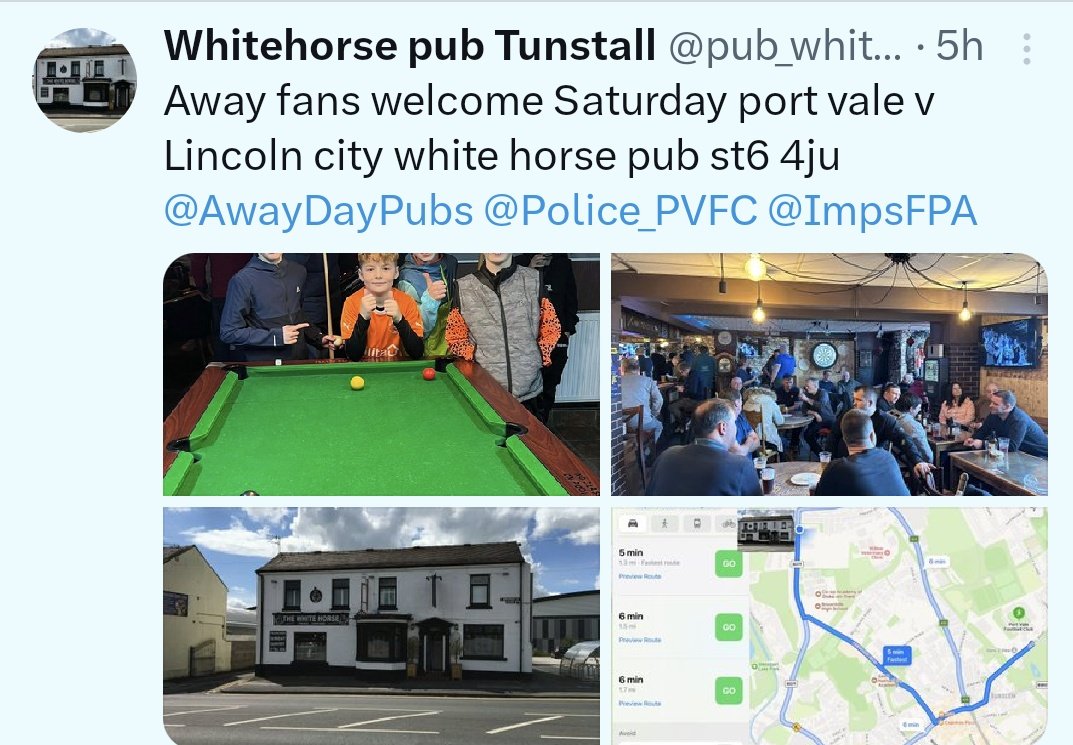 All @LincolnCity_FC fans visiting @OfficialPVFC tomorrow 24/02/2024 some great Away pubs. 
@pub_whitehorse 
@burslem_cc 
@GreenStarStoke 
Have a great day ⚽⚽
@LincsPolFooty 
@FBAwayDays 
@LincolnRedImps