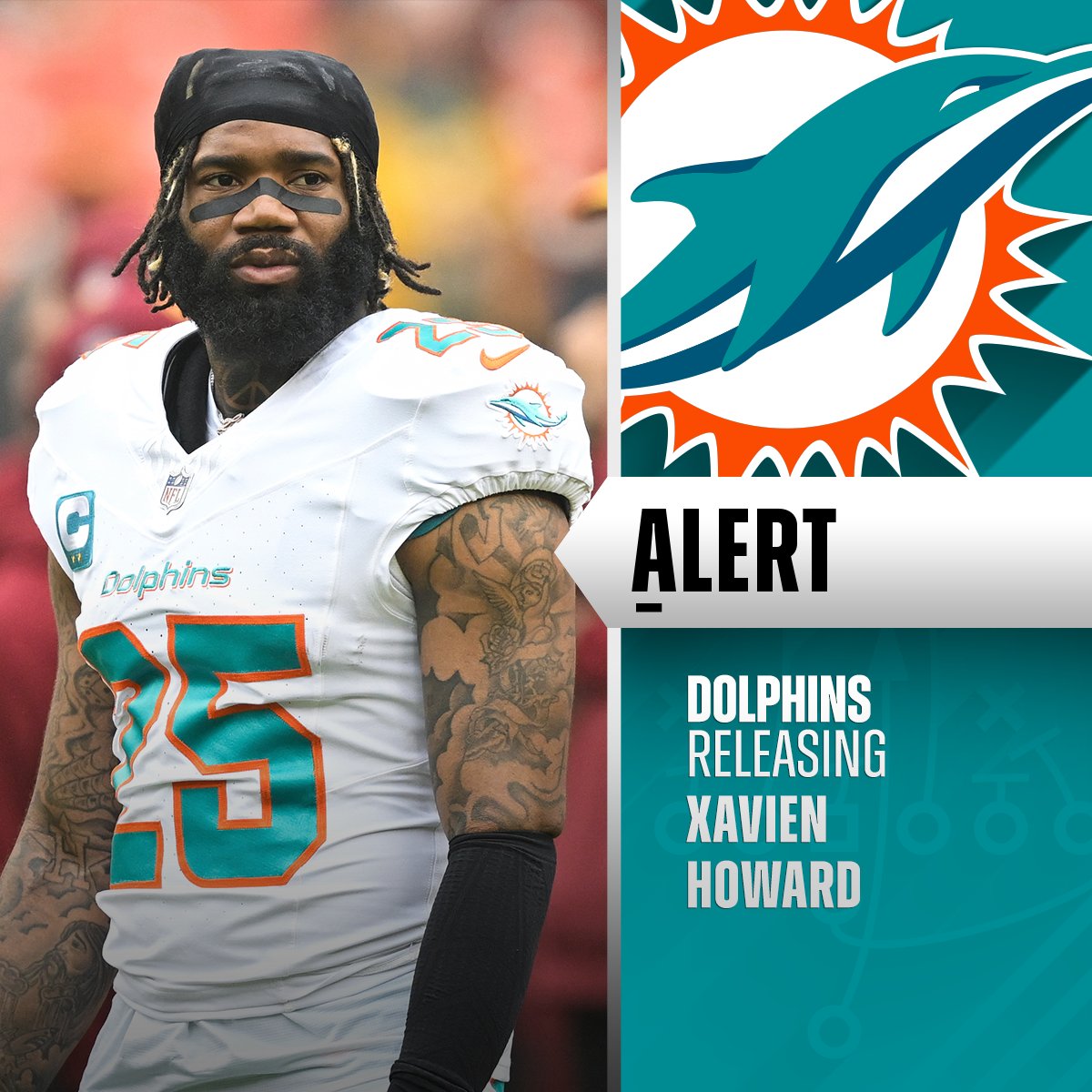 NFL's tweet image. Dolphins to release CB Xavien Howard. (via @MikeGarafolo)