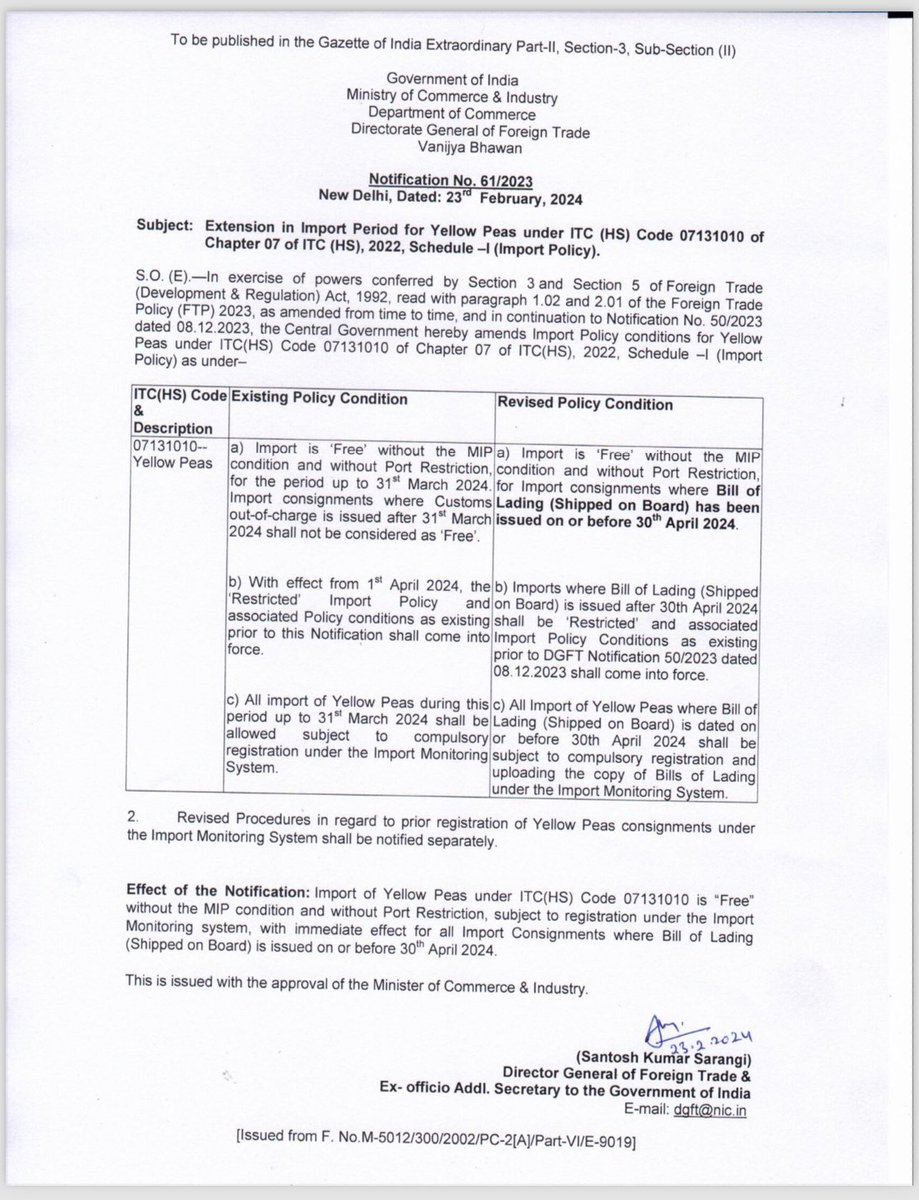 satish90980234's tweet photo. Commerce Ministry has also notified the extension of import yellow peas.

Earlier notice was from Ministry of Finance which hinted that notification from Ministry of Commerce would be issued anytime, which is out today, 23.02.2024. https://t.co/vA2S6x9Fx7
