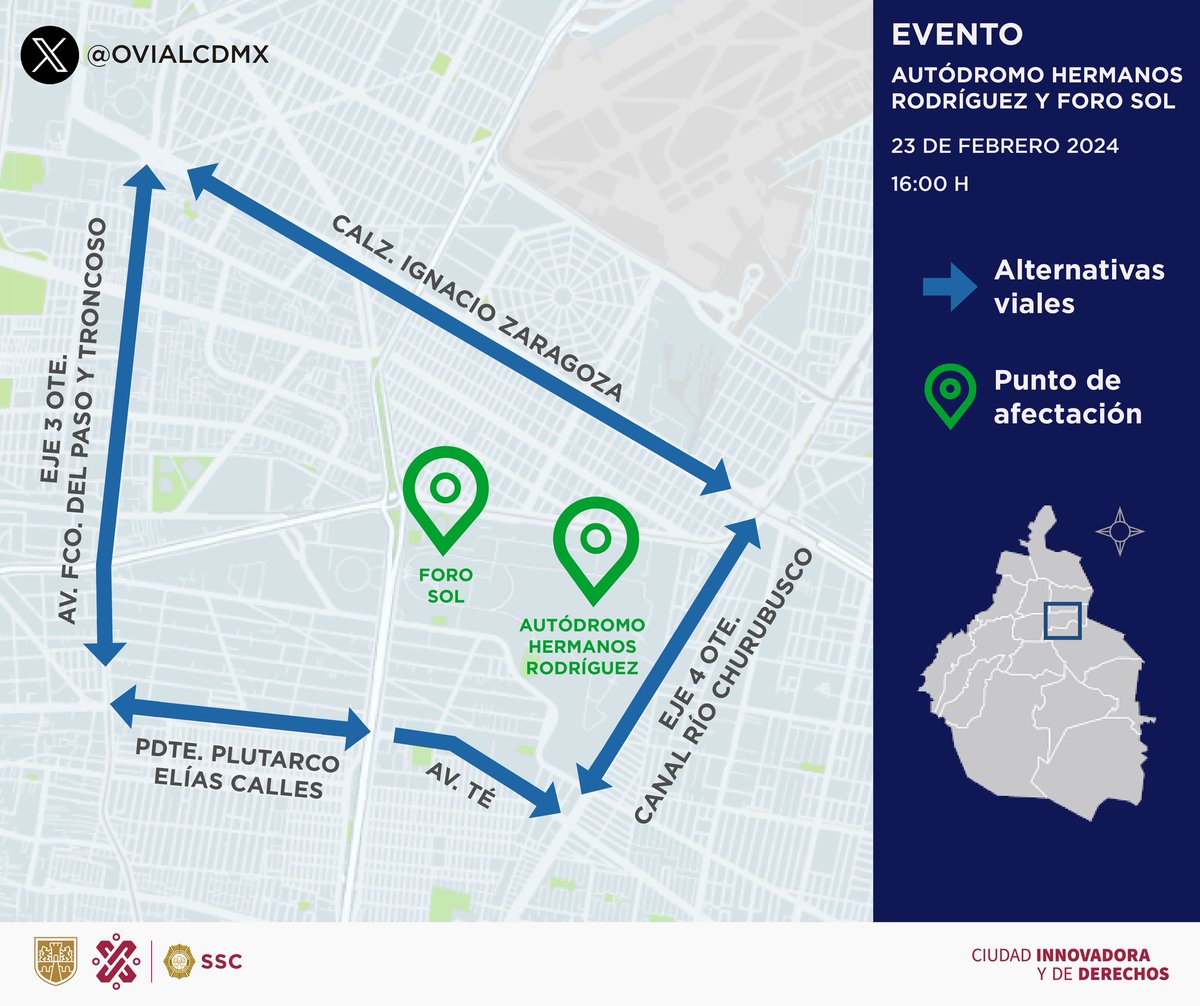 SNNews_Media's tweet photo. #TomaPrecauciones | Por evento a las 16:00 horas, considera afectación vehicular en inmediaciones del @ForoSolOficial y @autodromohr  ubicados en Viaducto Río de la Piedad y Circuito Interior, colonia #GranjasMéxico, @IztacalcoAl https://t.co/K93vd4519y
