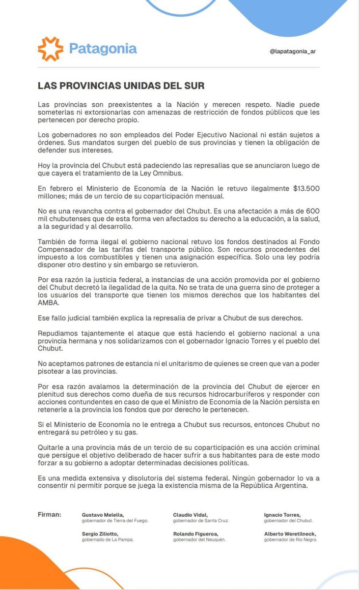 Repudiamos tajantemente el ataque que está haciendo el gobierno nacional a una provincia hermana y nos solidarizamos con el gobernador <a href="/NachoTorresCH/">Nacho Torres</a> y el pueblo del Chubut.

No aceptamos patrones de estancia ni el unitarismo de quienes se creen que van a poder pisotear a las